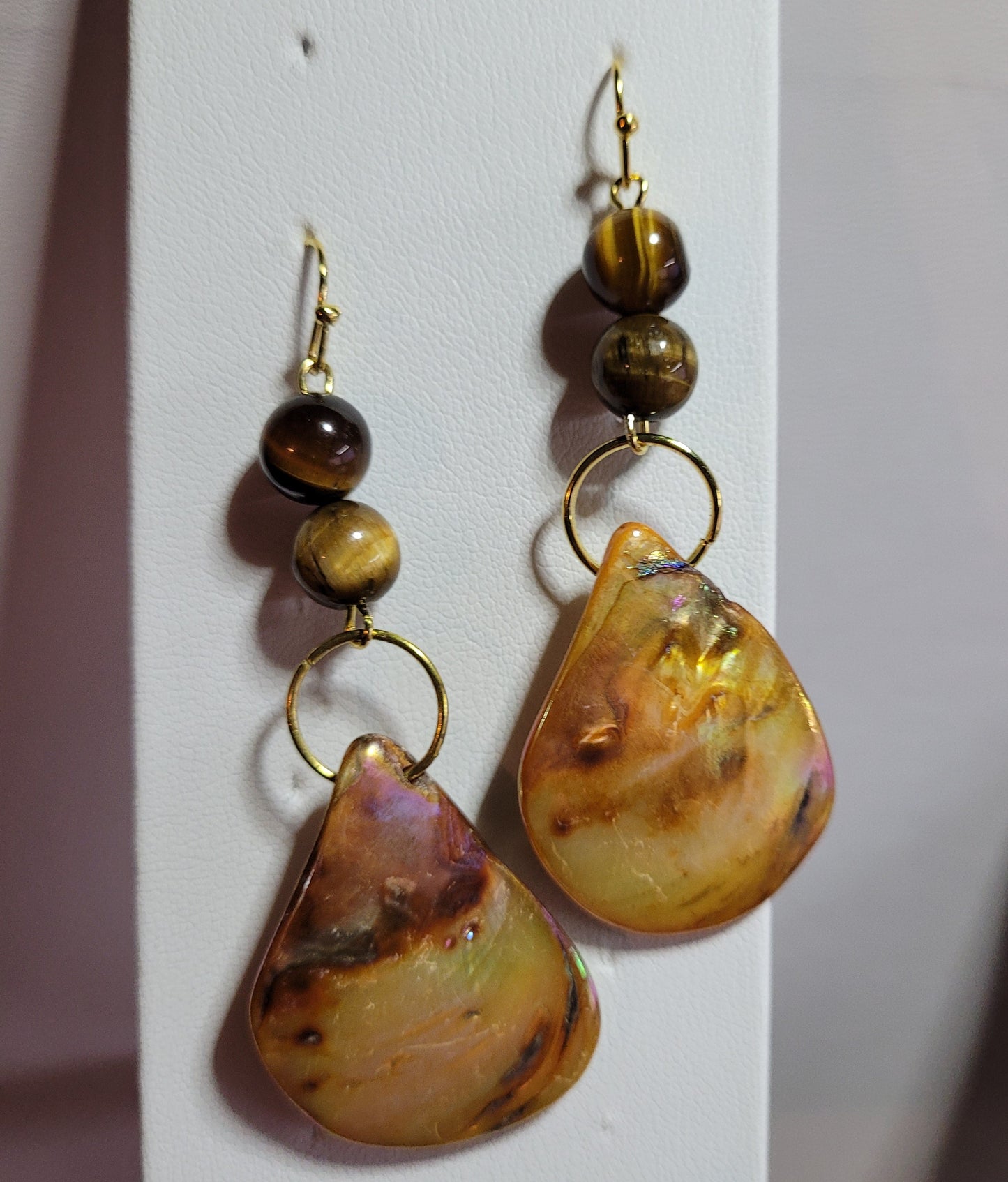 Amber Tiger Eye Shell Earrings - Handcrafted Natural Stone Dangle