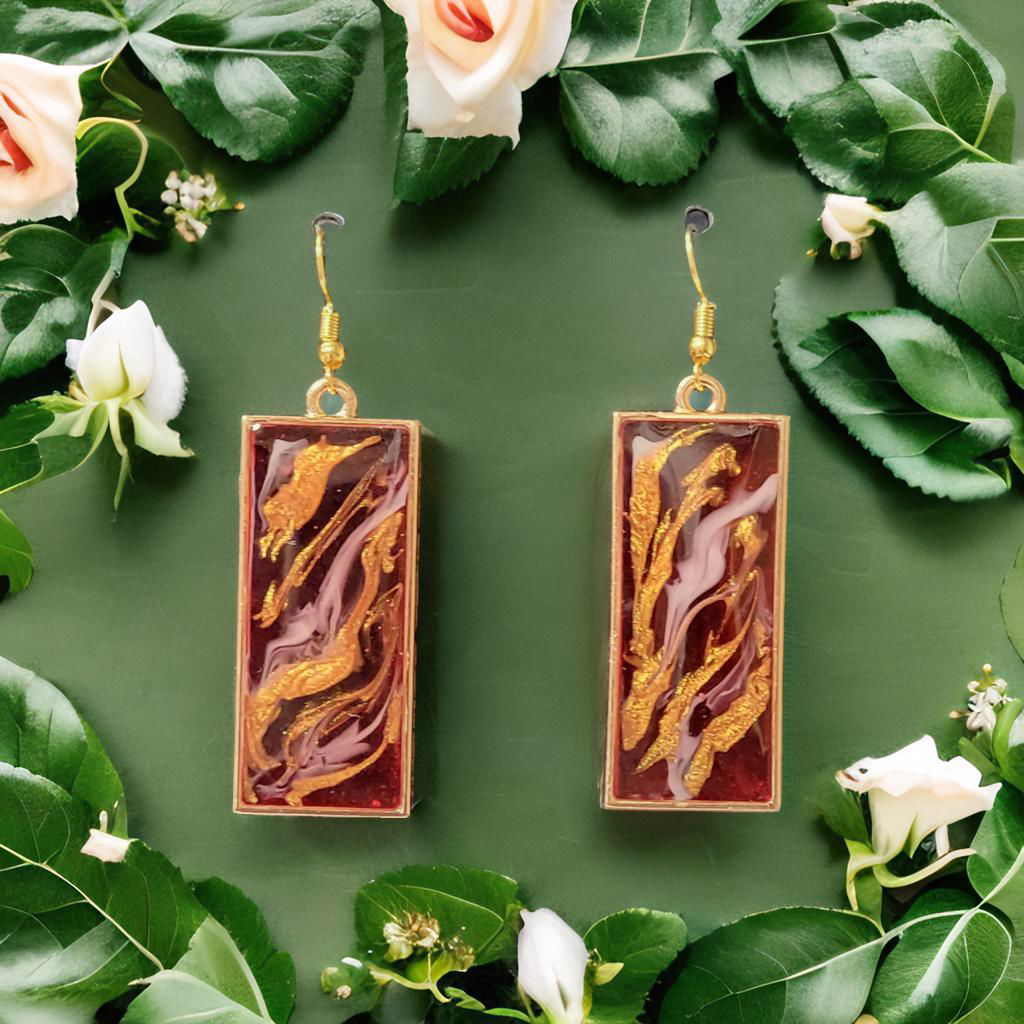 Burgundy Gold Leaf Resin Earrings - Elegant Rectangle Dangle