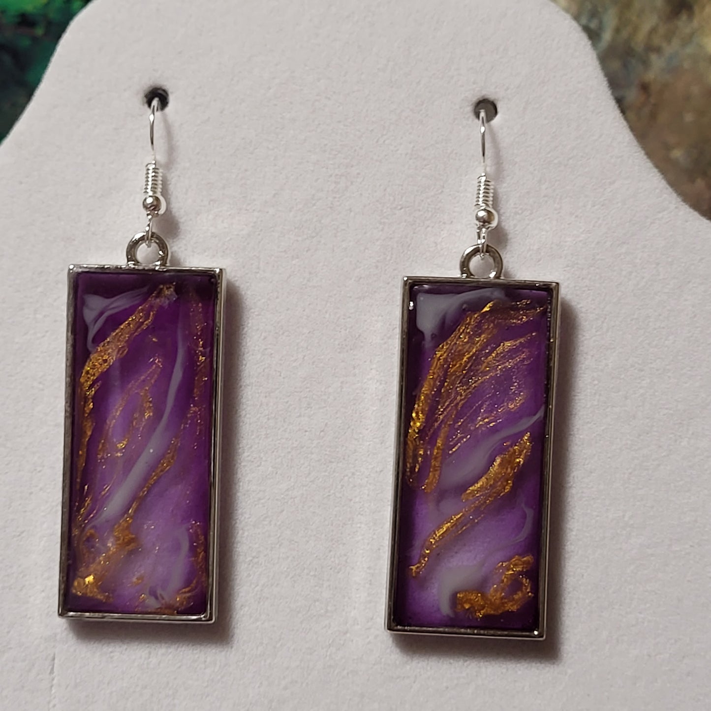 Purple Gold Leaf Resin Earrings - Elegant Rectangle Dangle