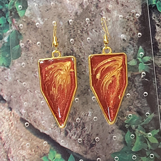 Coral Red & Gold Leaf Arrow Resin Dangle Earrings – Handmade Boho Nature-Inspired Jewelry Gift for Her