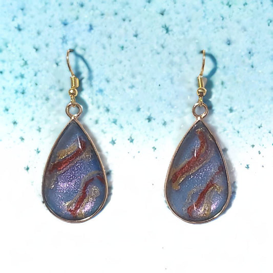 Blue Burgundy & Gold Galaxy Resin Teardrop Dangle Earrings – Handmade Cosmic Glitter Jewelry Gift for Her