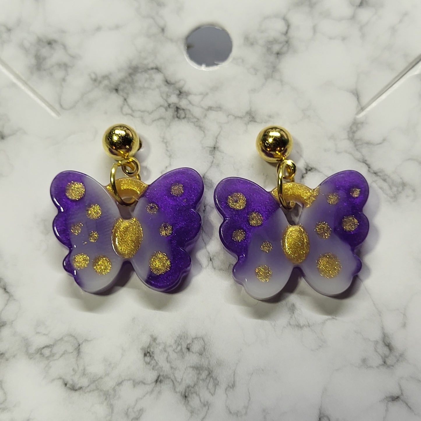Purple & White Butterfly Resin Dangle Earrings - Handcrafted Gold Dots