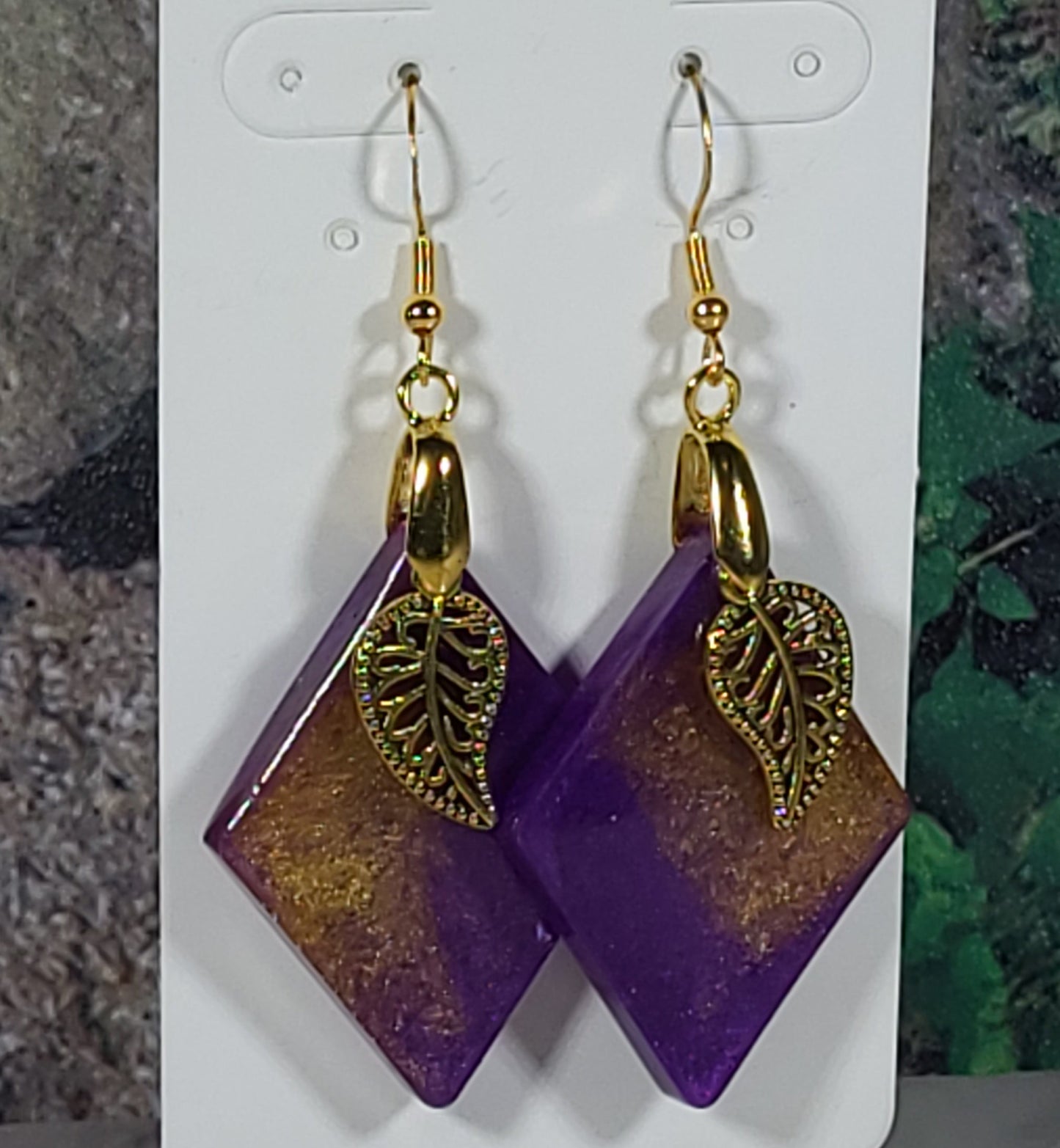 Purple Gold Leaf Diamond Earrings - Resin Dangle
