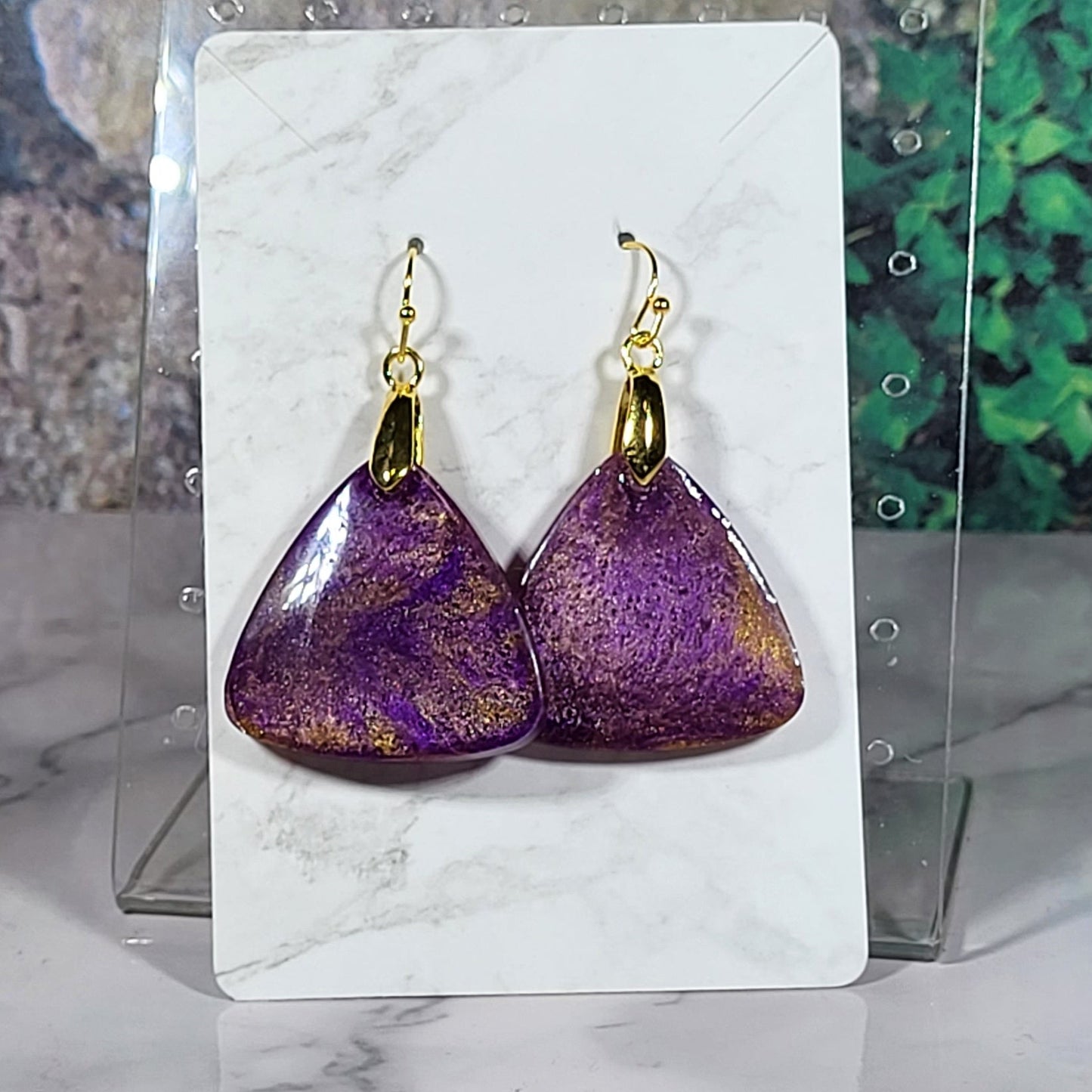 Purple Gold Blended Triangle Earrings - Resin Dangle