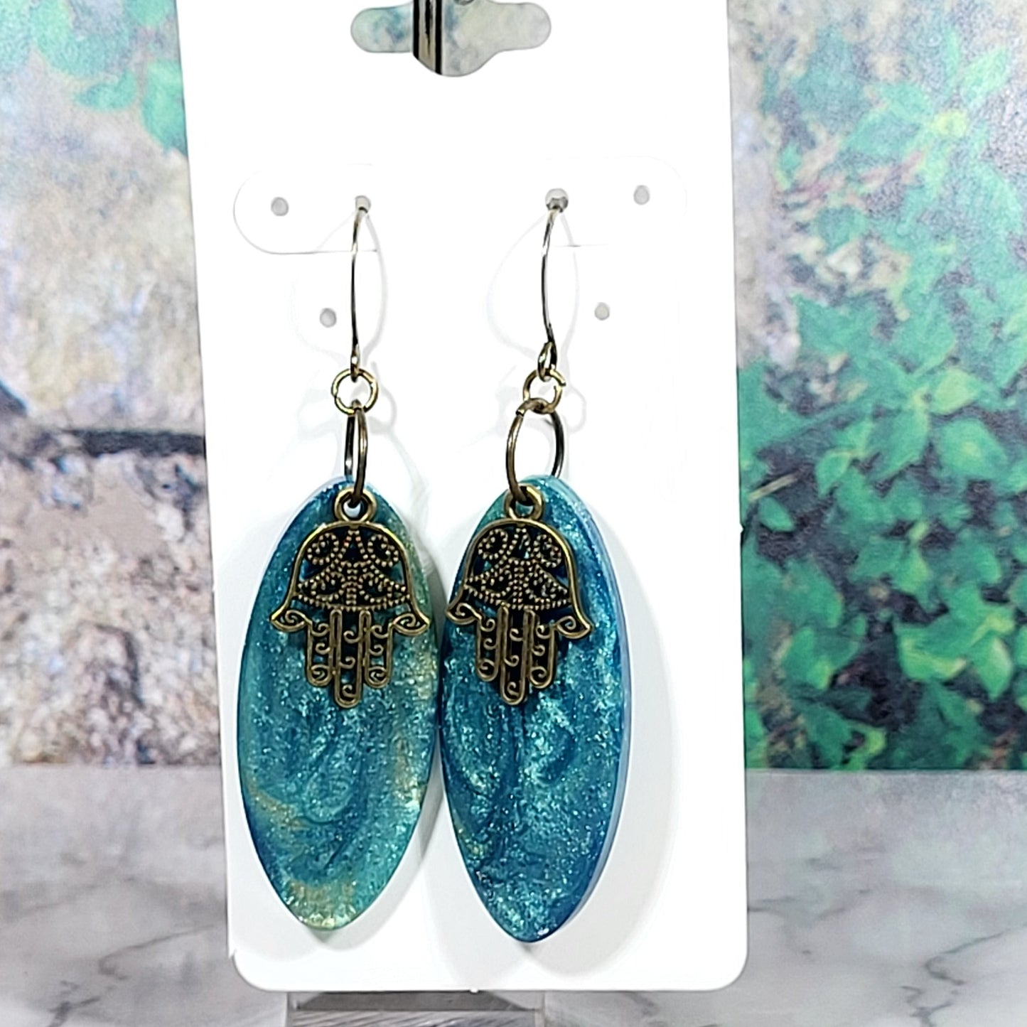 Turquoise Hamsa Hand Oval Earrings - Resin Dangle