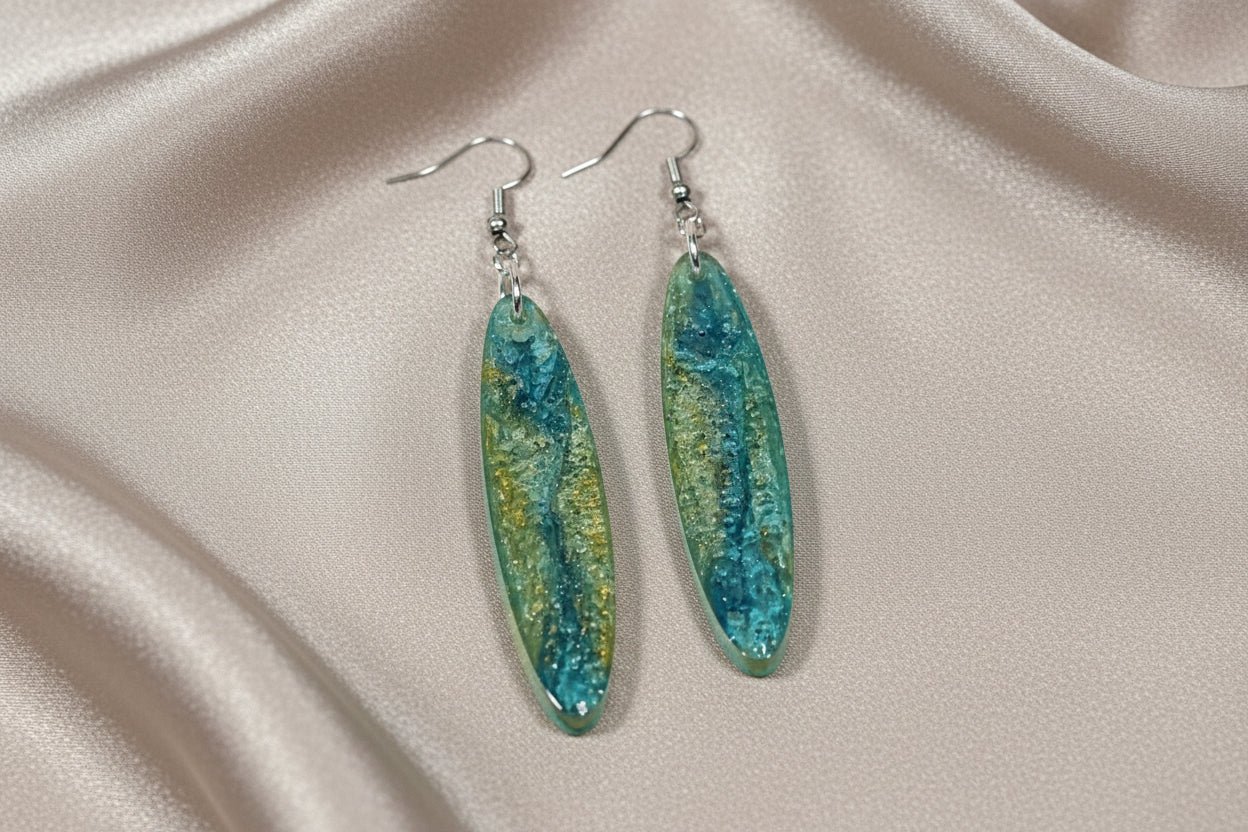 Green & Gold Blended Marquise Resin Dangle Earrings – Handmade Nature-Inspired Long Earrings Gift for Her