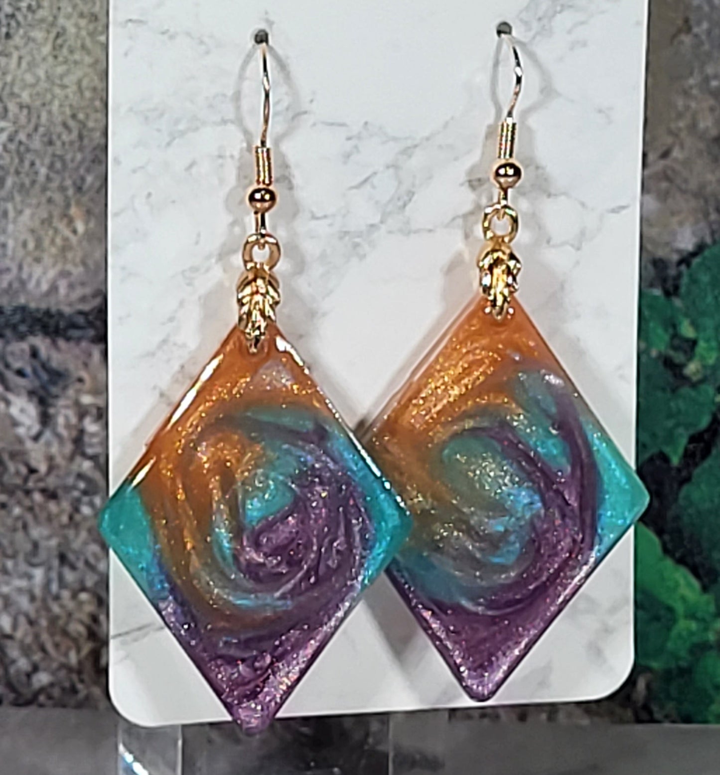Galaxy Swirl Diamond Earrings - Orange Turquoise Purple Resin Dangle