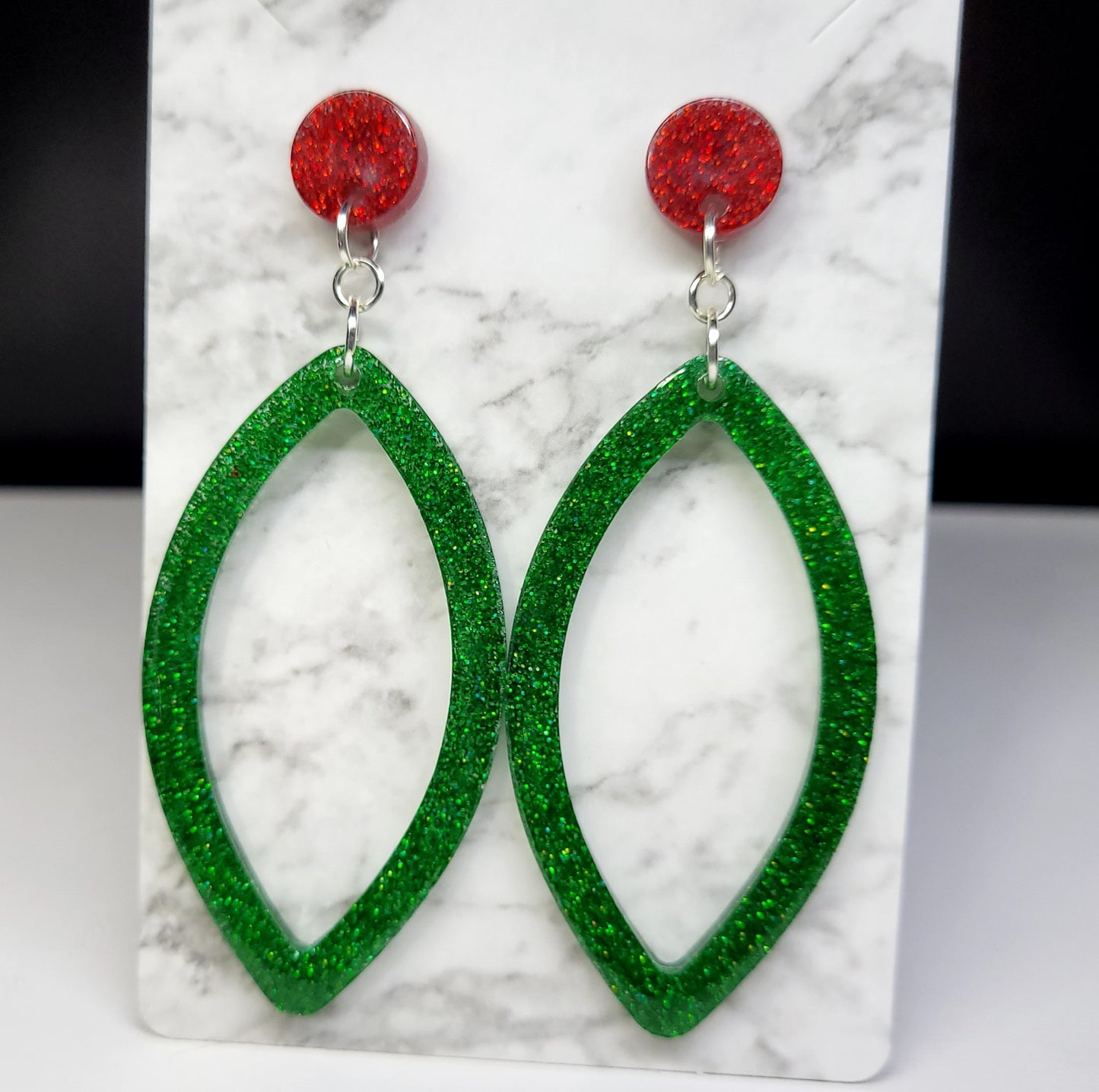 Christmas Red Green Glitter Earrings - Festive Teardrop Dangle