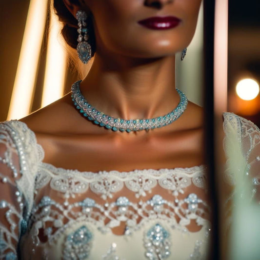 Teal and white beadwoven collar necklace worn with white lace gown and crystal earrings