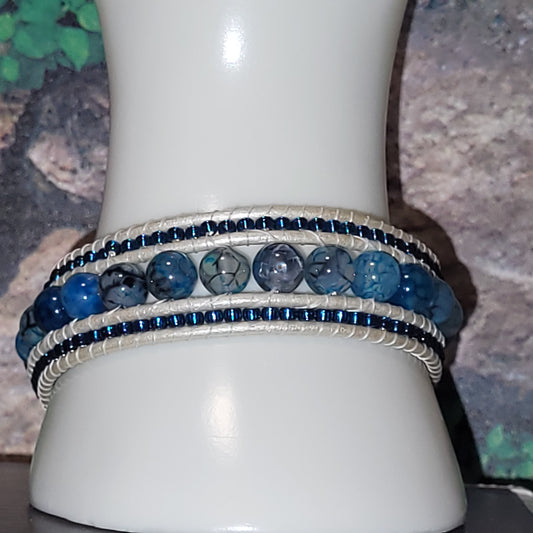 Blue Dragon Vein Agate Leather Cuff Bracelet, Handcrafted Celtic Triquetra Bracelet, Inspirational Artisan Jewelry, Gift for Her