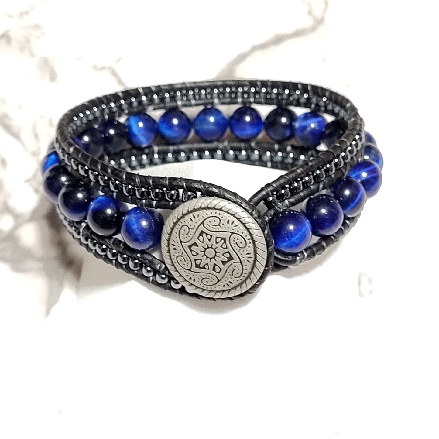 Sapphire & Hematite leather cuff bracelet