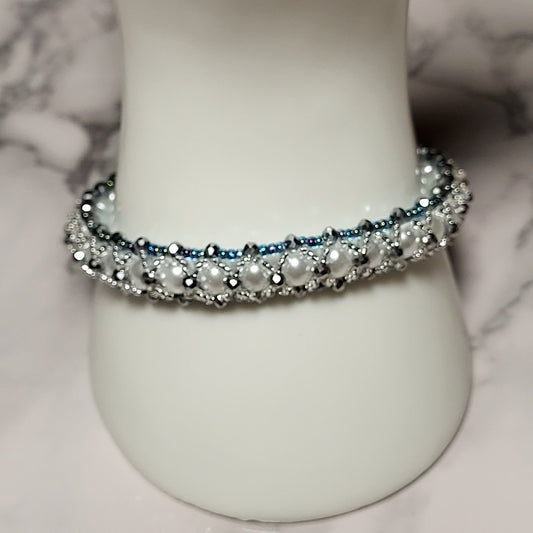 Crystal Snow Bracelet, Handcrafted Pearl & Crystal Beaded Bracelet, White Blue Silver Artisan Jewelry, Gift for Her