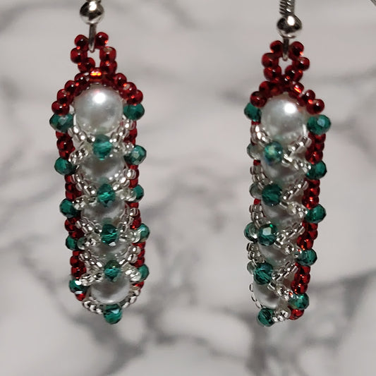 Christmas Beaded Earrings - Handcrafted Pearl & Crystal Dangle