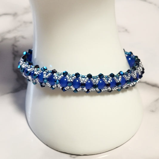 Blue Glass & Crystal Beaded Bracelet, Handcrafted Miyuki Delica Seed Bead Bracelet, Celestial Artisan Jewelry, Gift for Her