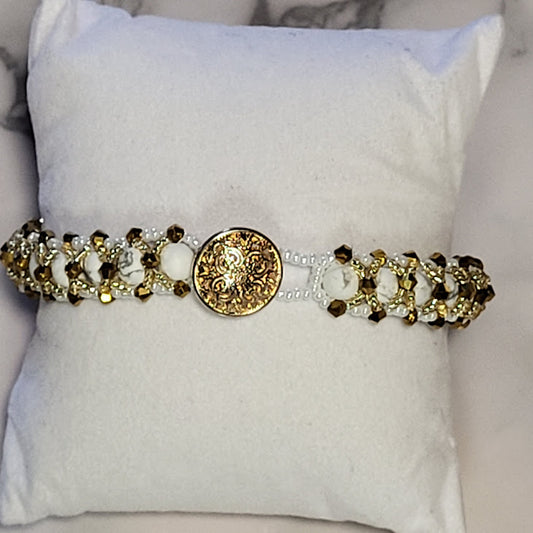 White Turquoise & Gold Crystal Beaded Bracelet, Handcrafted Miyuki Delica Seed Bead Bracelet, Elegant Artisan Jewelry, Gift for Her