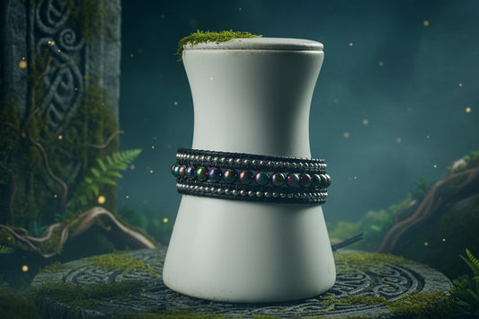 Rainbow Hematite Black Leather Cuff Bracelet, Handcrafted Celtic Dragon Bracelet, Iridescent Artisan Jewelry, Gift for Her