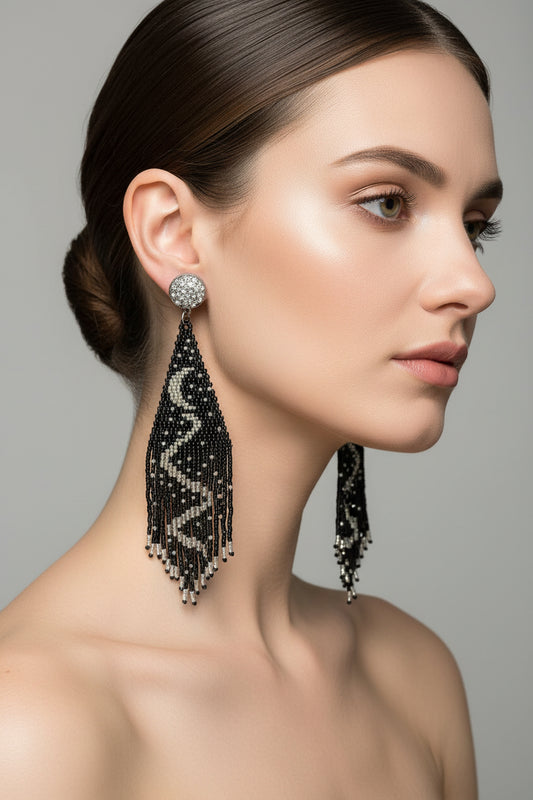 Midnight Fringe Earrings | Silver & Black Crescent Moon Beaded Fringe