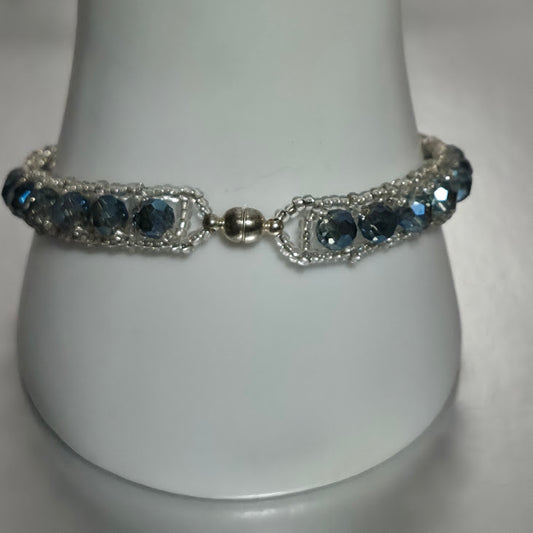 Iridescent Sapphire Crystal Tennis Bracelet, Handmade Silver Miyuki Seed Bead Lattice Woven Bracelet, Elegant Artisan Jewelry, Gift for Her