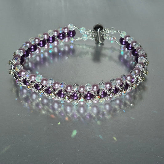 Purple & Lavender Crystal Rhinestone Woven Bracelet, Handmade Glass Pearl & Silver Delica Beaded Bracelet, Bridal Wedding Jewelry, Gift for Her