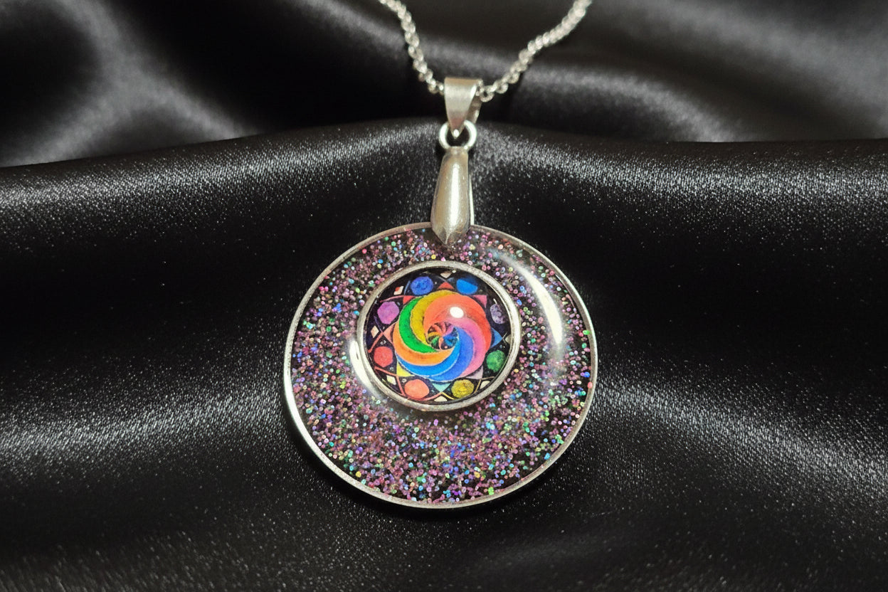 Rainbow Swirl Glitter Pendant Necklace, Handcrafted Colorful Resin Statement Necklace, Artisan Jewelry, Gift for Her