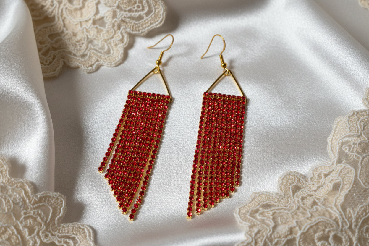 Ruby Red & Gold Cup Chain Fringe Earrings | 3.5 Inch Rhinestone Cascade | Handmade Statement Earrings