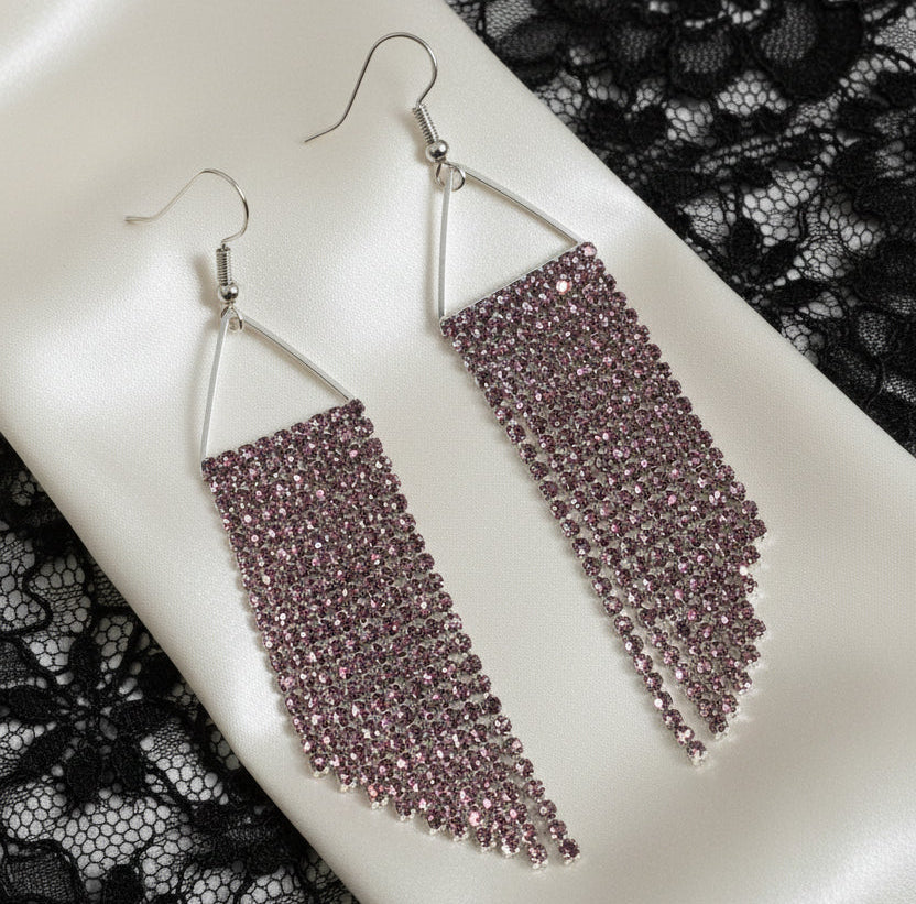 Lavender Rhinestone Fringe Earrings | Long Silver Dangle Earrings | Crystal Statement Jewelry | Handmade Fringe Earrings