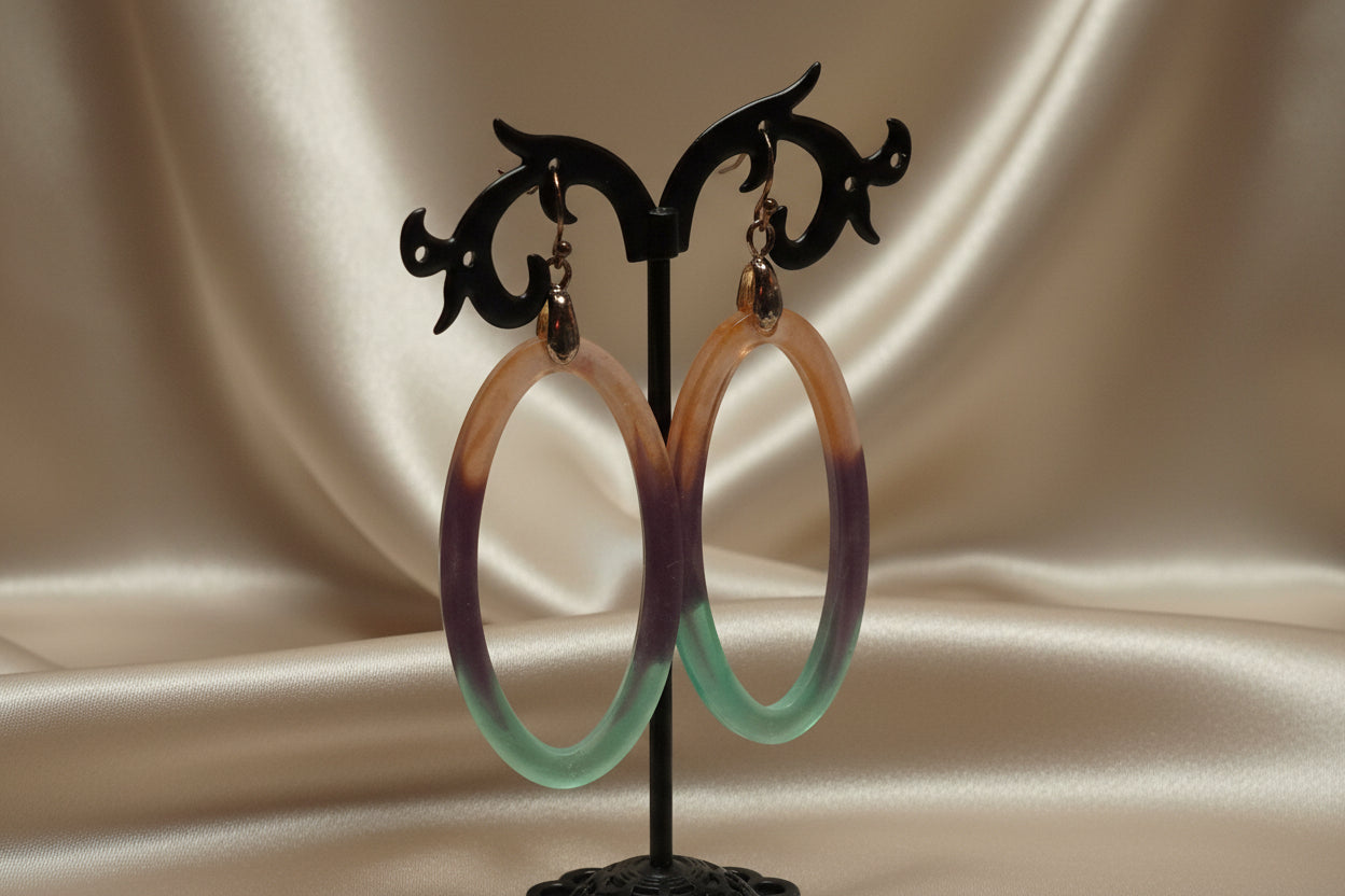 Pink Purple & Teal Gradient Open Oval Resin Hoop Earrings – Handmade Rose Gold Jewelry Gift for Her