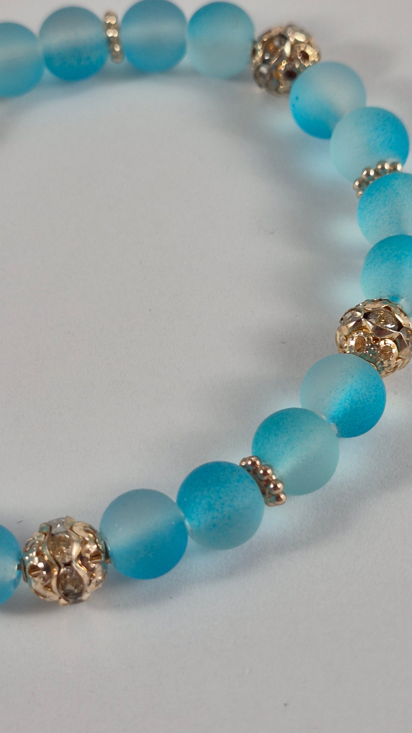 Aqua Blue Glow in the Dark Glass Bead Stretch Bracelet – Handmade Silver Filigree Rhinestone Jewelry Gift for Her