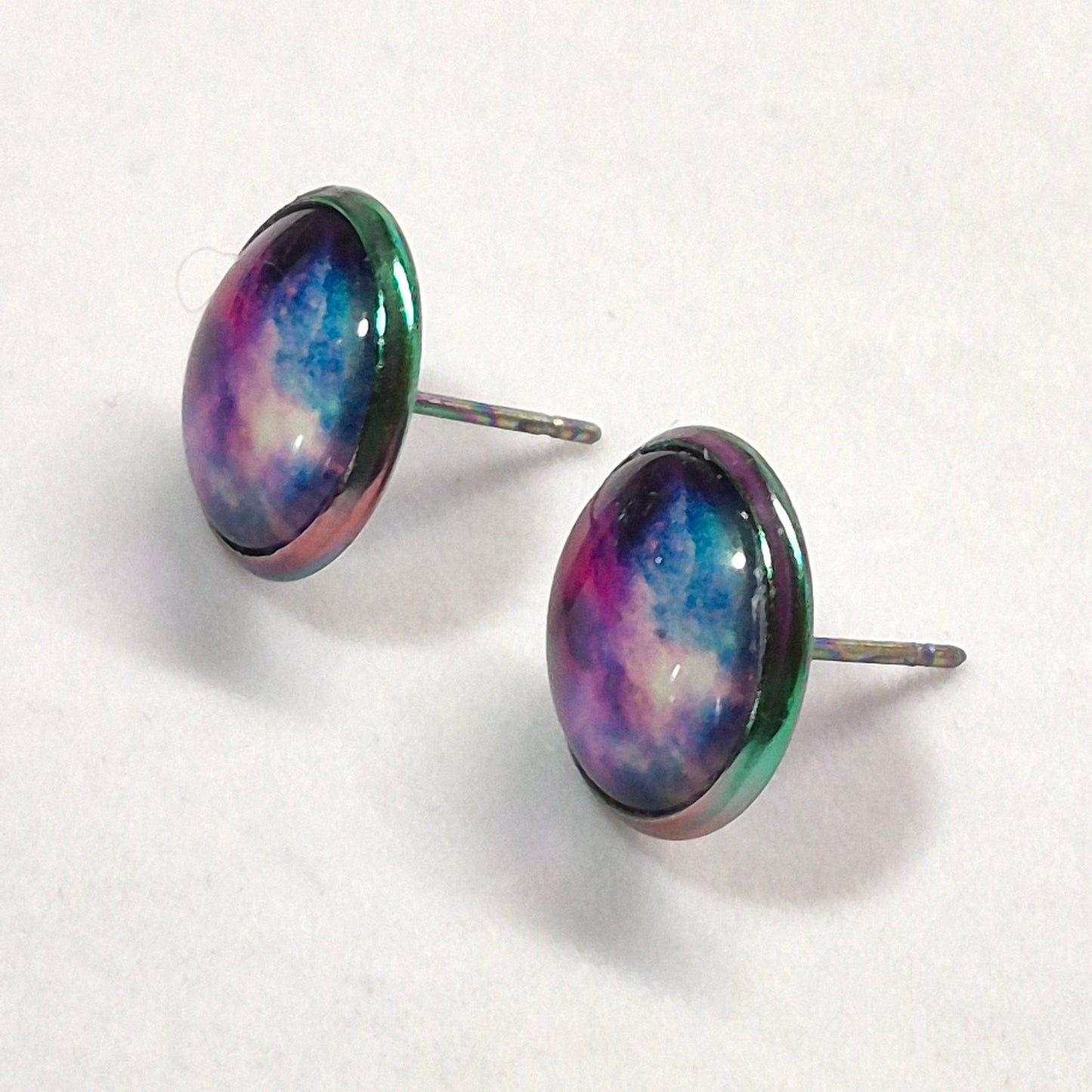 Purple Teal Nebula Glass Cabochon Stud Earrings | 12mm Round Iridescent Bezel Cosmic Studs | Galaxy Jewelry