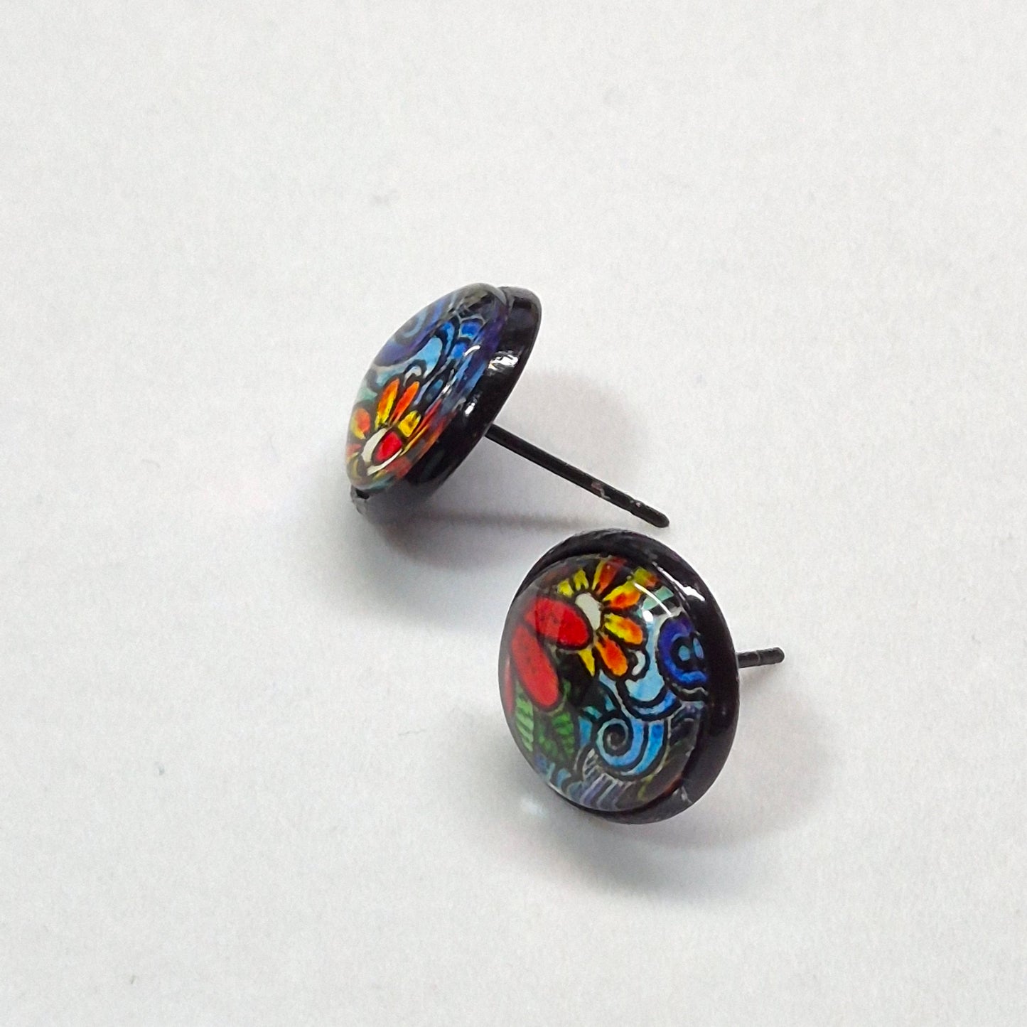 Mosaic Garden Glass Cabochon Stud Earrings | 12mm Round Black Bezel Colorful Studs | Wearable Art Jewelry
