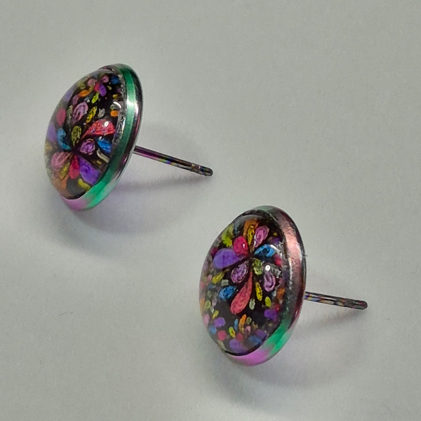 Mosaic Flower Glass Cabochon Stud Earrings | 12mm Round Iridescent Bezel Stained Glass Studs | Floral Jewelry