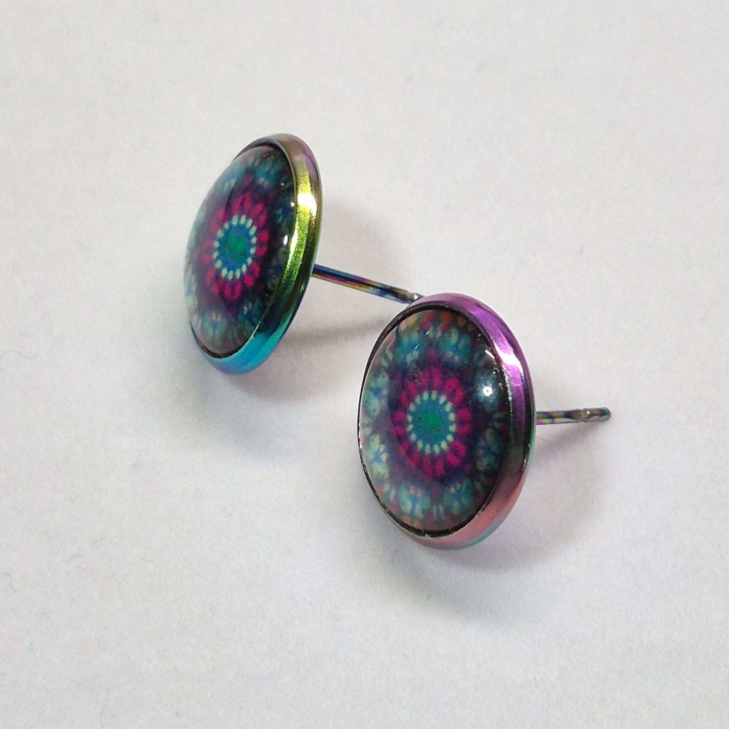 Tie-Dye Mandala Glass Cabochon Stud Earrings | 12mm Round Iridescent Bezel Boho Studs | Psychedelic Jewelry