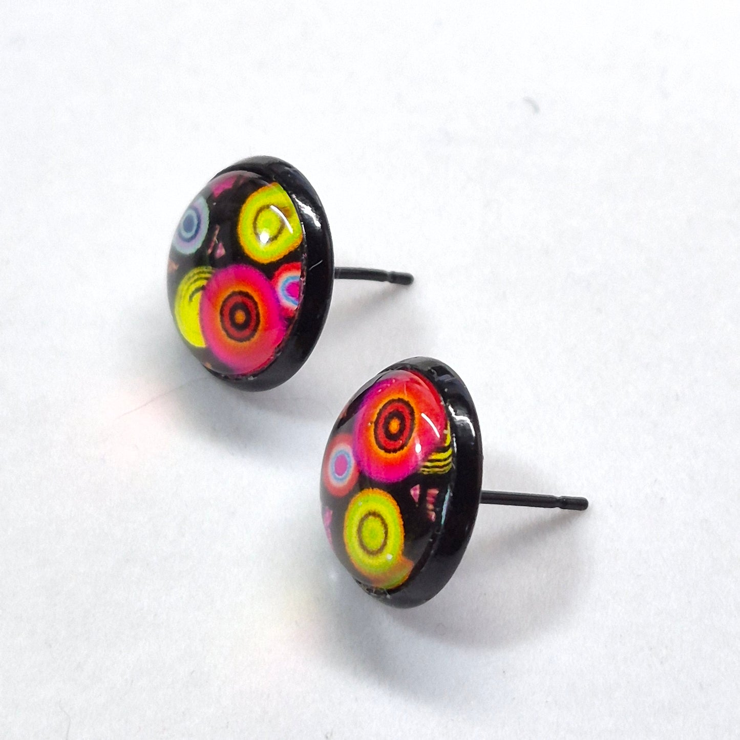 Retro Pop Art Glass Cabochon Stud Earrings | 12mm Round Black Bezel Colorful Studs | Vintage Jewelry