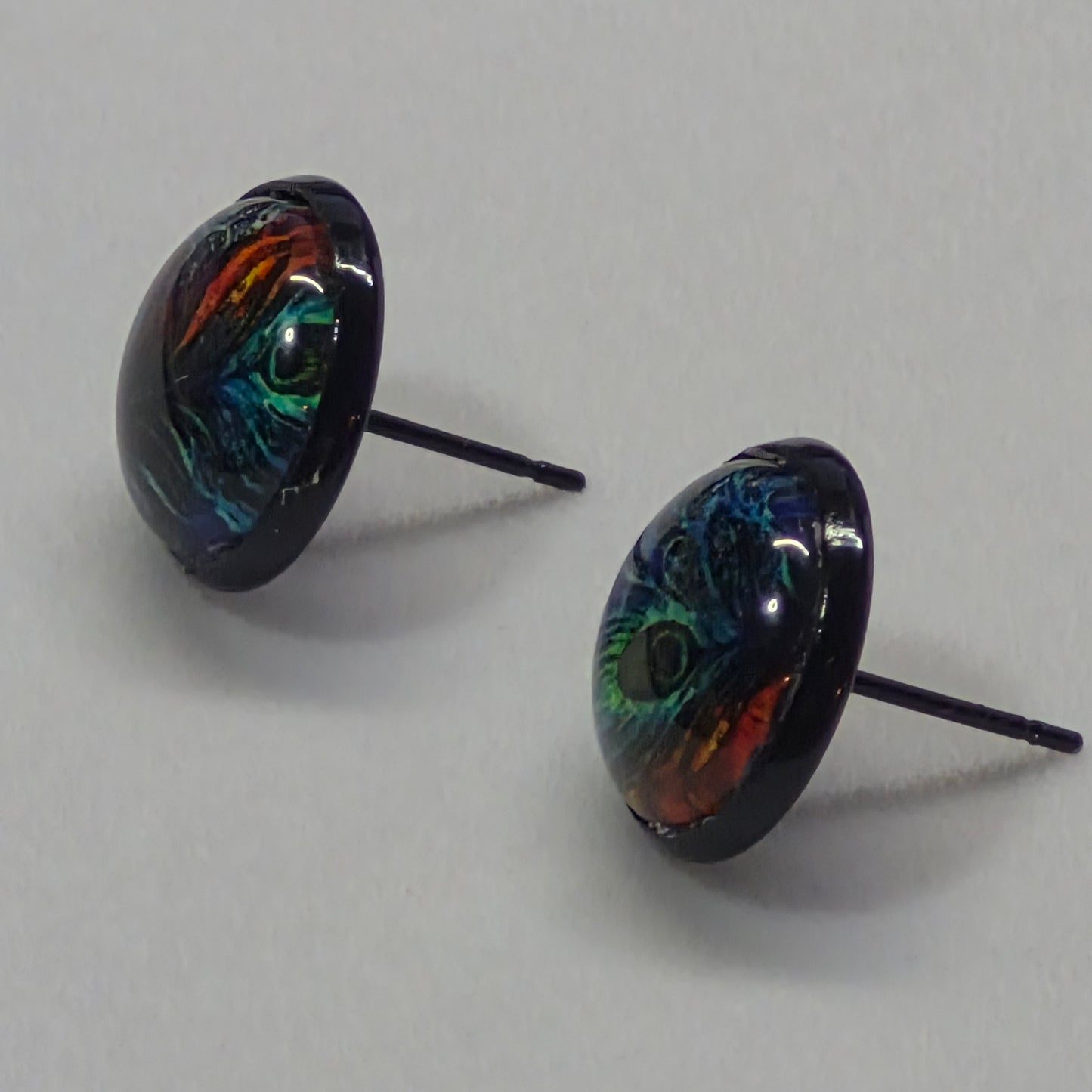 Peacock Feather Glass Cabochon Stud Earrings | 12mm Round Black Bezel Nature Studs | Boho Jewelry