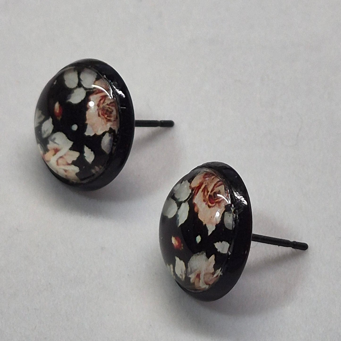 Vintage Rose Glass Cabochon Stud Earrings | 12mm Round Black Bezel Floral Studs | Romantic Jewelry