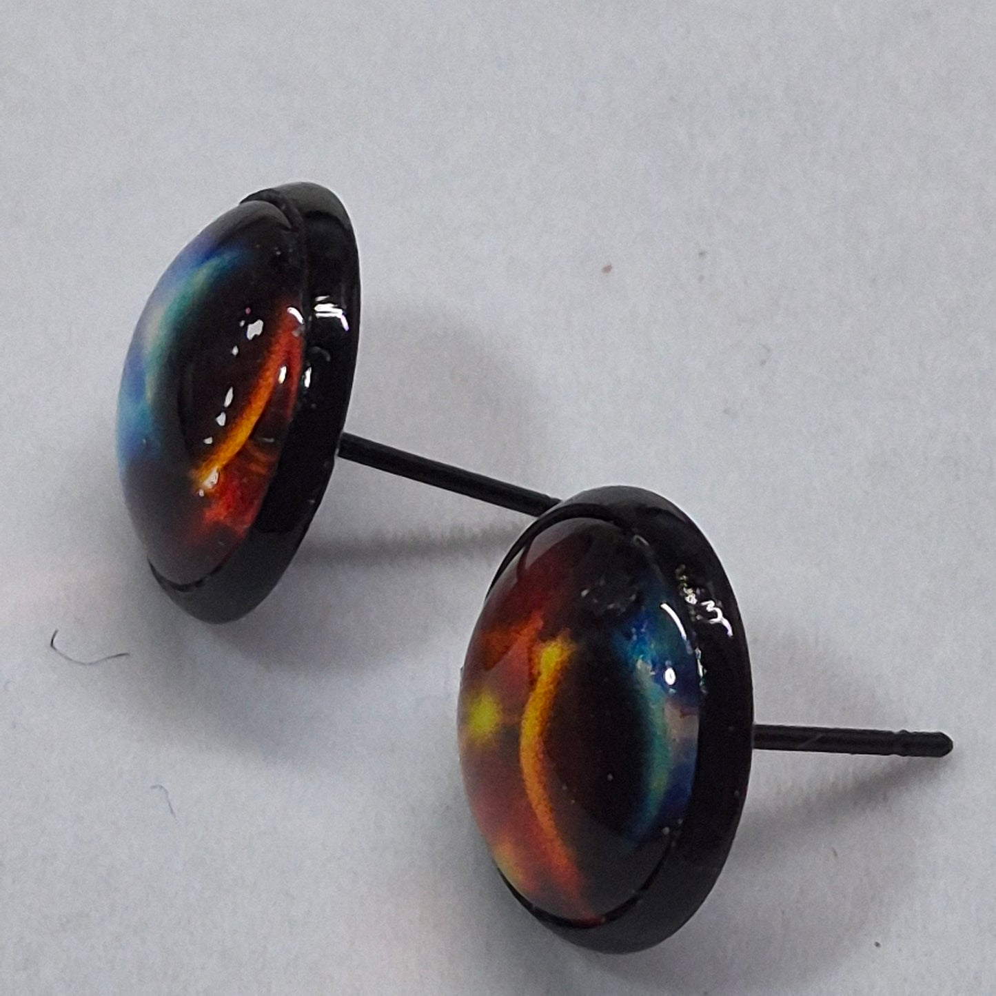 Cosmic Nebula Glass Cabochon Stud Earrings | 12mm Round Black Bezel Galaxy Studs | Space Jewelry