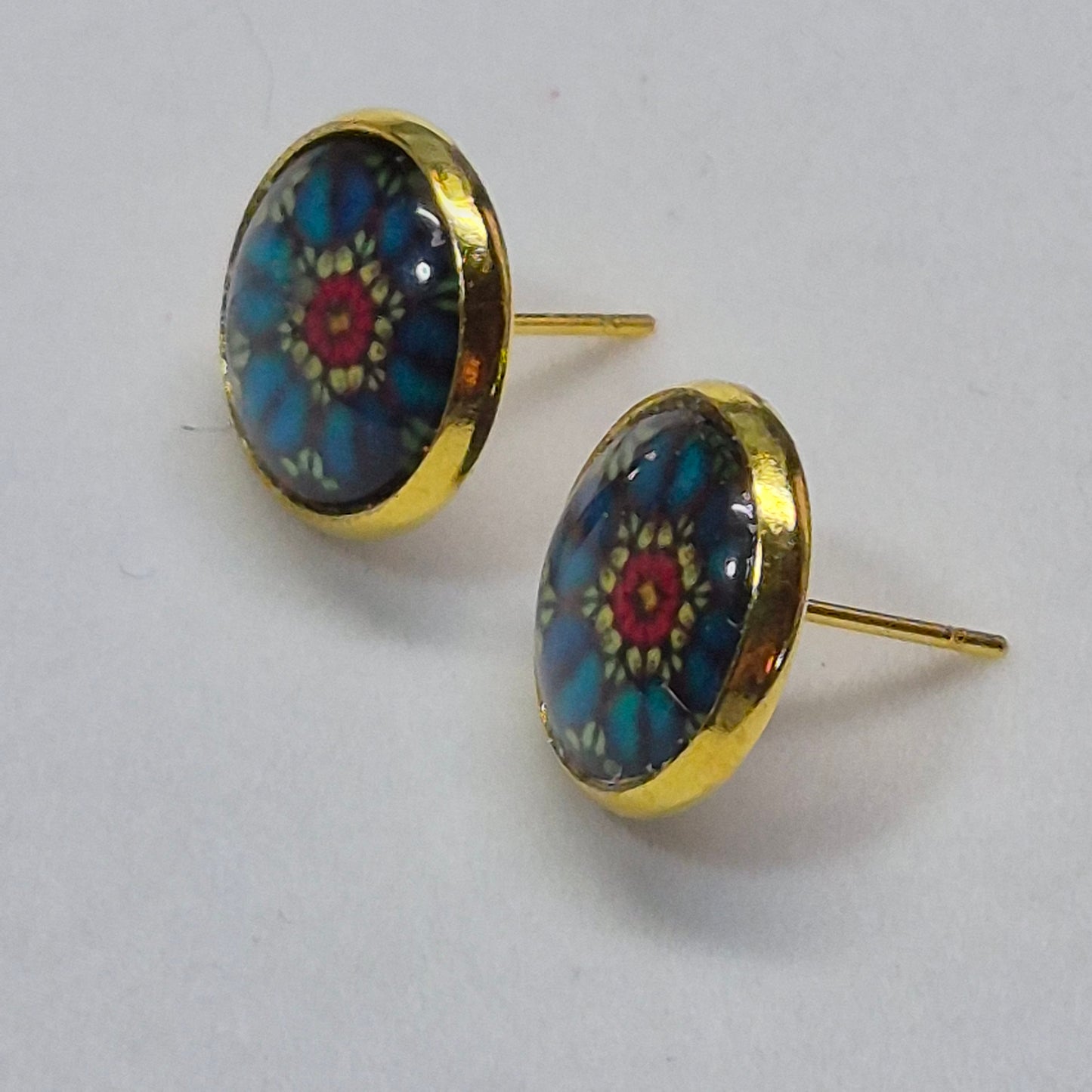 Blue Mandala Glass Cabochon Stud Earrings | 12mm Round Gold Bezel Boho Studs | Spiritual Jewelry