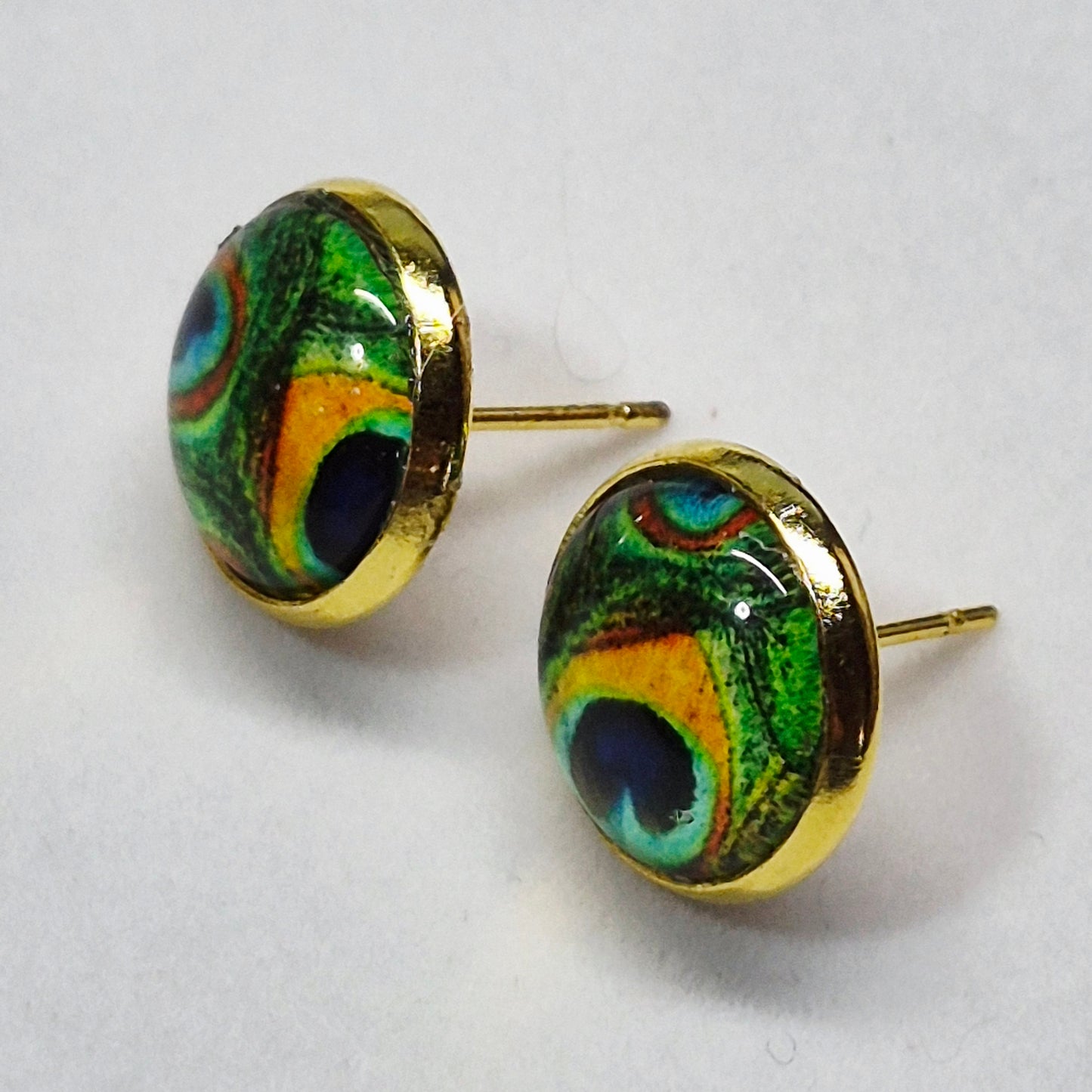 Peacock Eye Feather Glass Cabochon Stud Earrings | 12mm Round Gold Bezel Nature Studs | Exotic Jewelry