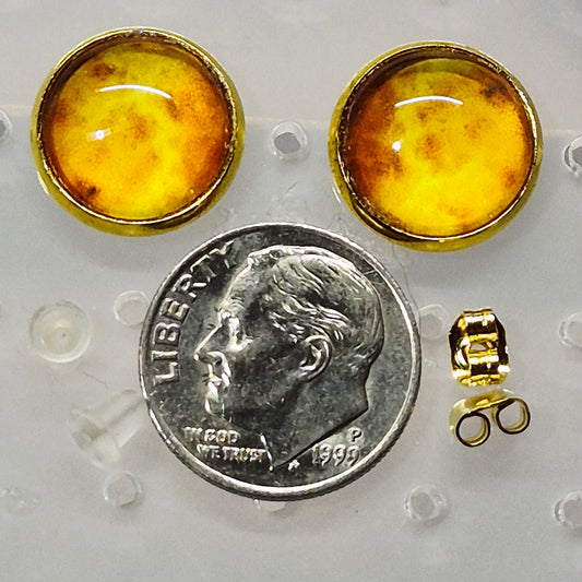 Amber Honey Glass Cabochon Stud Earrings | 12mm Round Gold Bezel Warm Studs | Earthy Jewelry