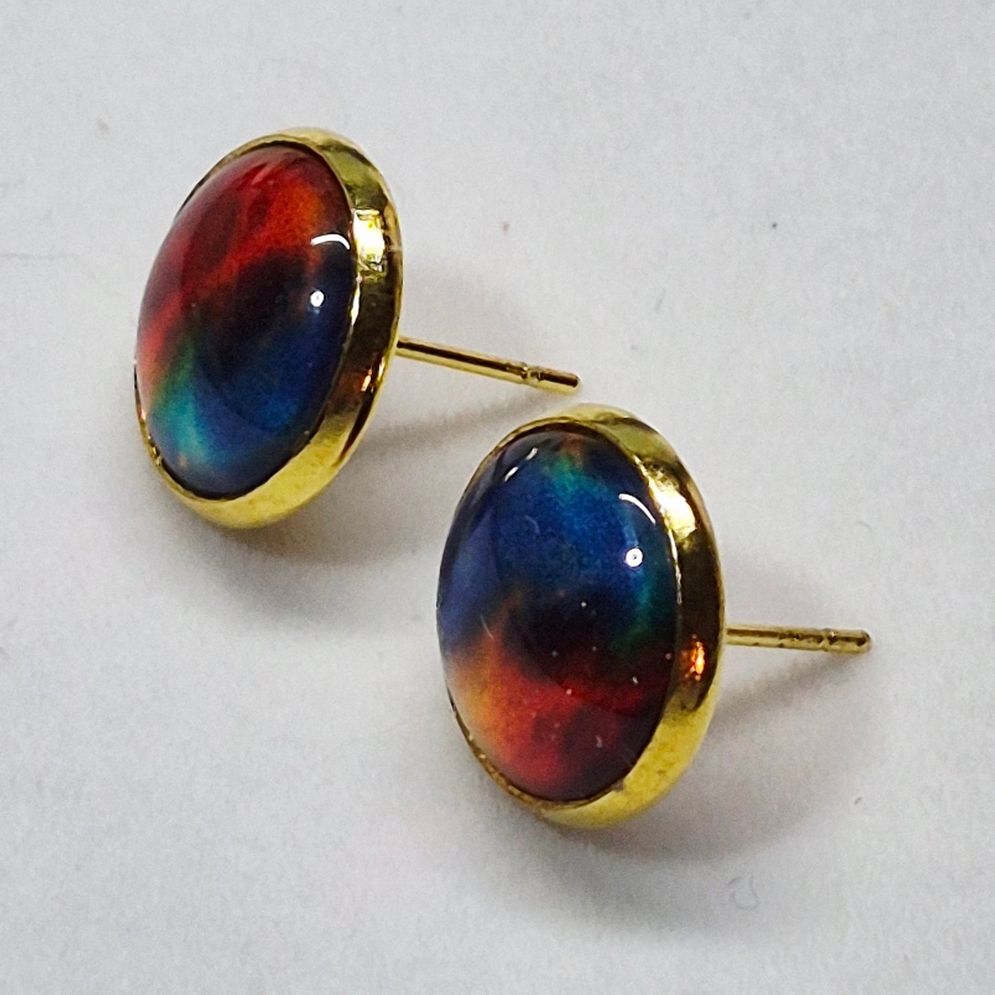 Sunset Ombre Glass Cabochon Stud Earrings | 12mm Round Gold Bezel Gradient Studs | Nature Jewelry