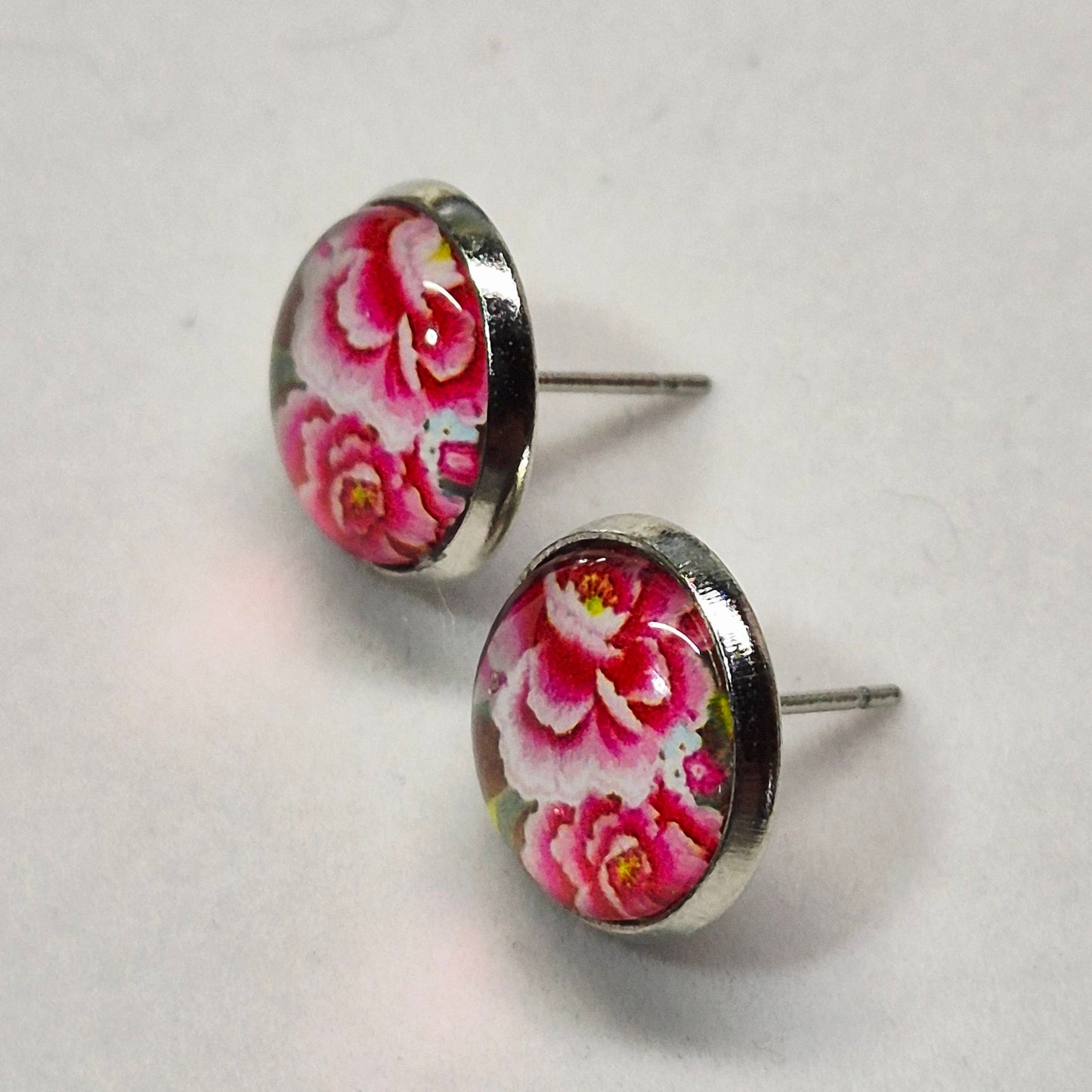 Pink Floral Glass Cabochon Stud Earrings | 12mm Round Silver Bezel Flower Studs | Romantic Jewelry