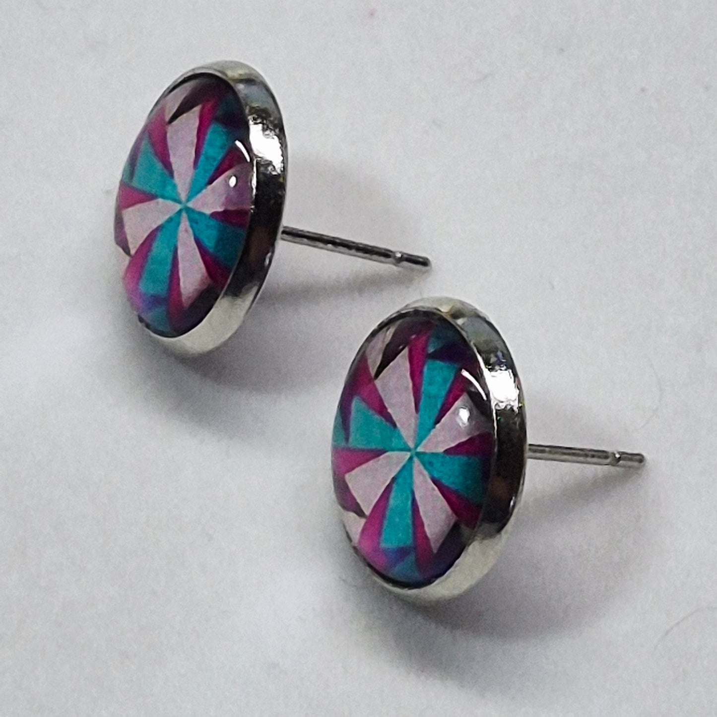 Geometric Pinwheel Glass Cabochon Stud Earrings | 12mm Round Silver Bezel Colorful Studs | Modern Jewelry