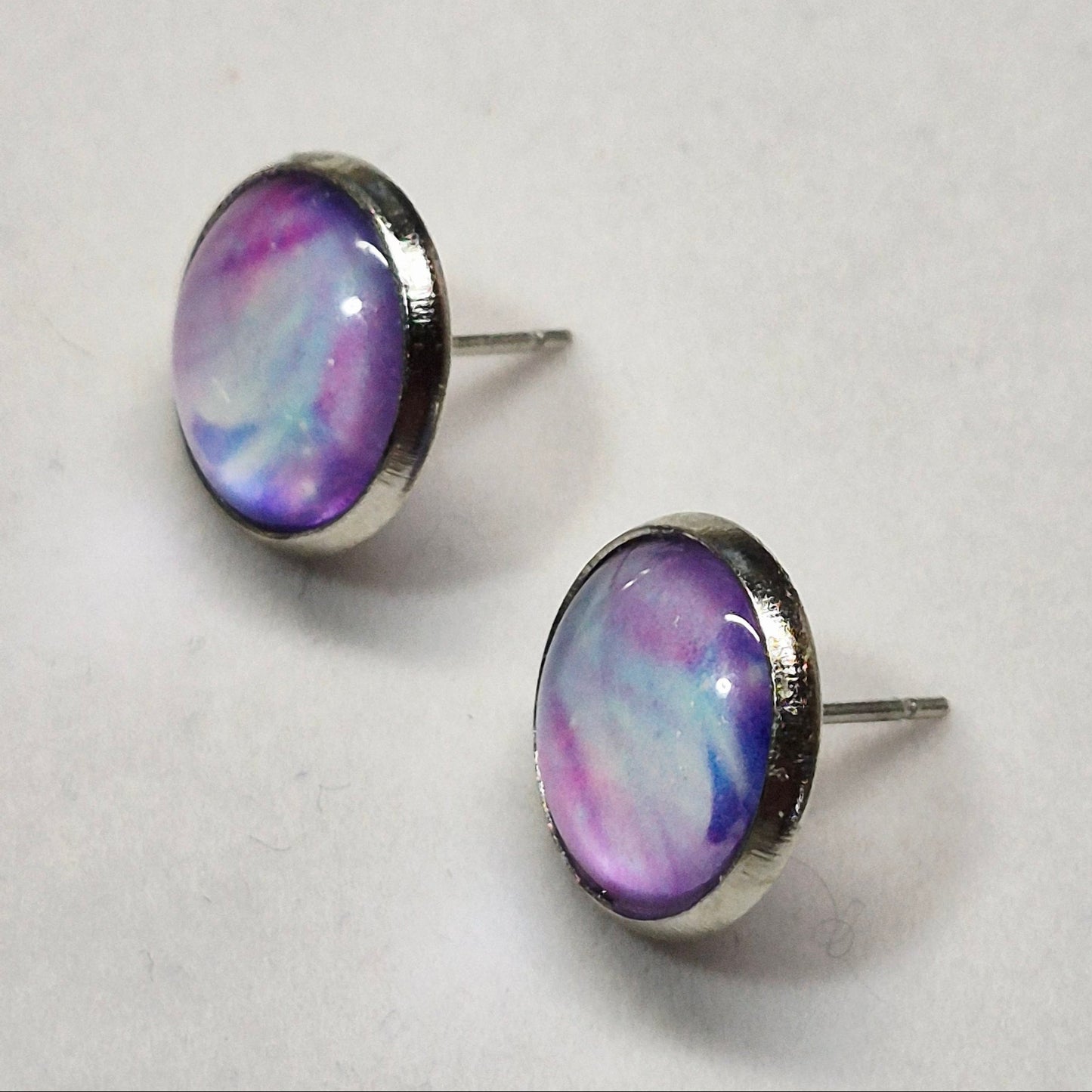 Purple Blue Swirl Glass Cabochon Stud Earrings | 12mm Round Silver Bezel Watercolor Studs | Ethereal Jewelry