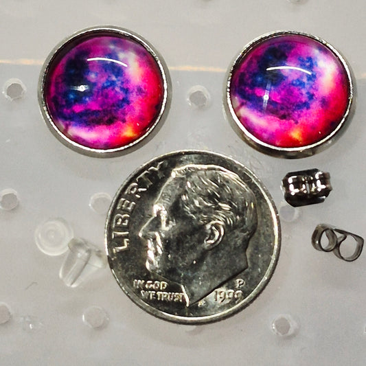 Purple Pink Galaxy Nebula Glass Cabochon Stud Earrings | 12mm Round Silver Bezel Cosmic Studs | Space Jewelry