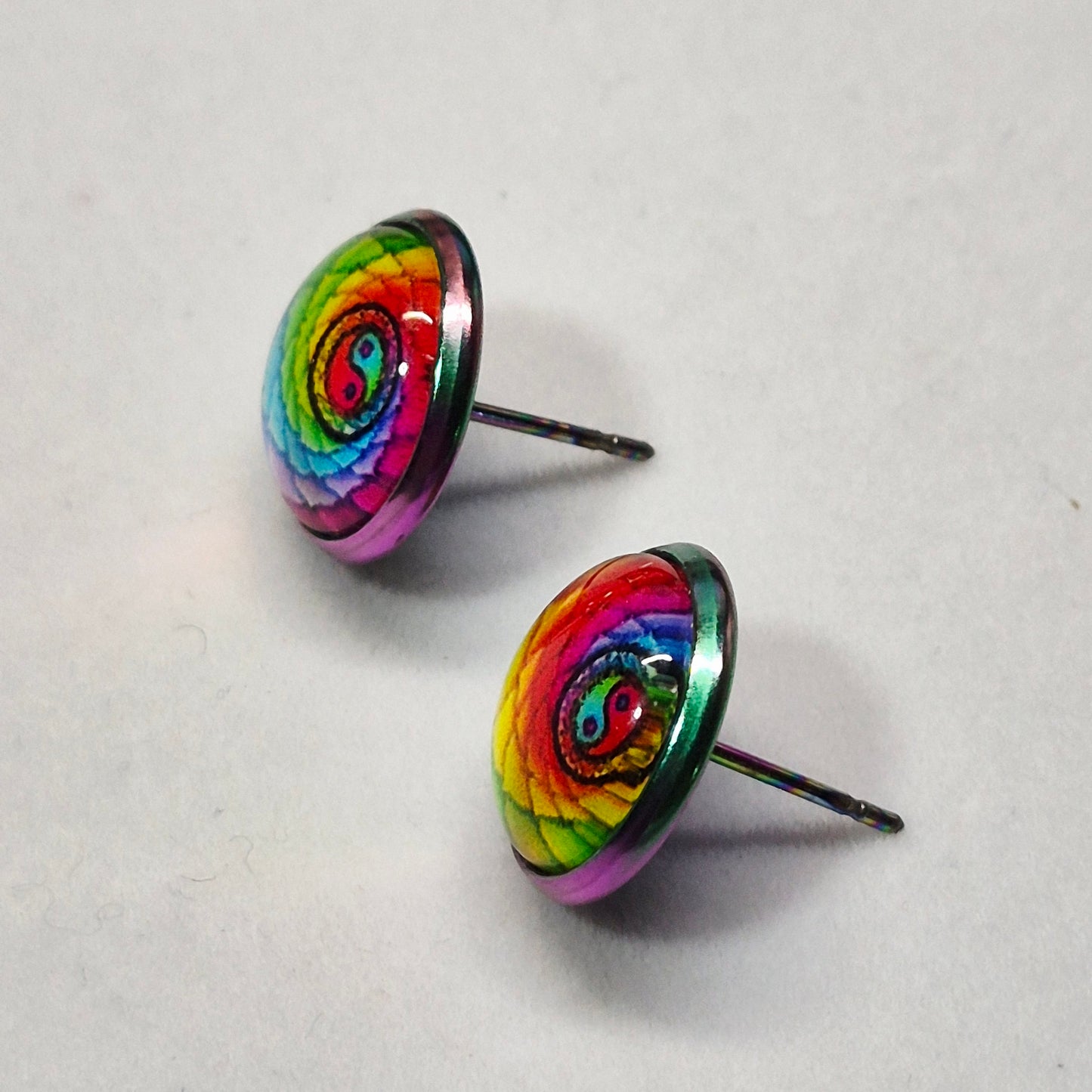 Rainbow Spiral Yin Yang Glass Cabochon Stud Earrings | 12mm Round Rainbow Metal Bezel Colorful Studs | Boho Jewelry