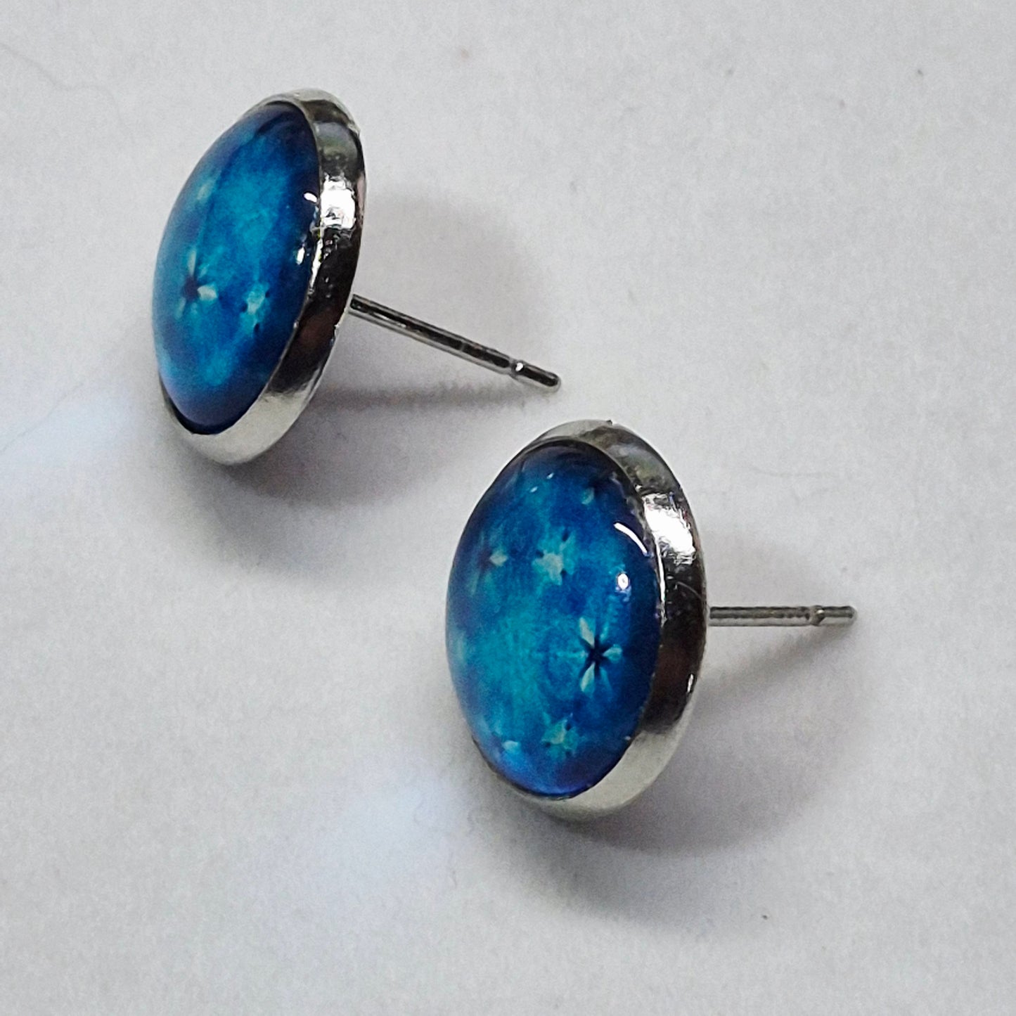 Blue Celestial Glass Cabochon Stud Earrings | 12mm Round Silver Bezel Starry Night Studs | Space Jewelry