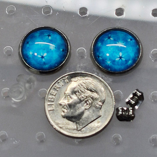 Blue Celestial Glass Cabochon Stud Earrings | 12mm Round Silver Bezel Starry Night Studs | Space Jewelry