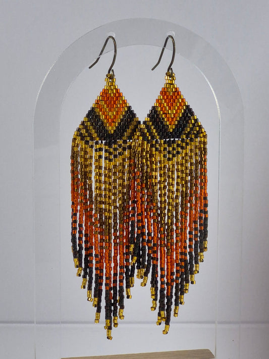 Ember & Gold Geometric Beaded Fringe Earrings | 4 Inch Miyuki Seed Bead Fringe | Handmade Statement Earrings