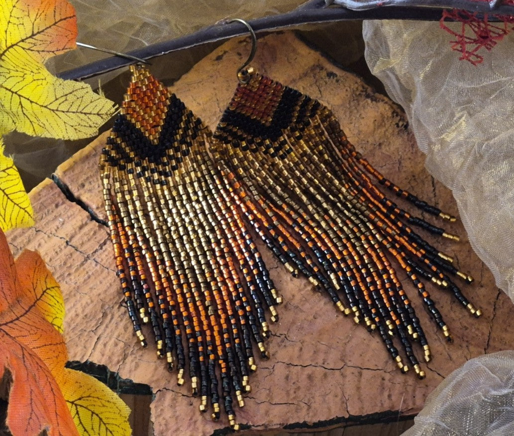 Ember & Gold Geometric Beaded Fringe Earrings | 4 Inch Miyuki Seed Bead Fringe | Handmade Statement Earrings