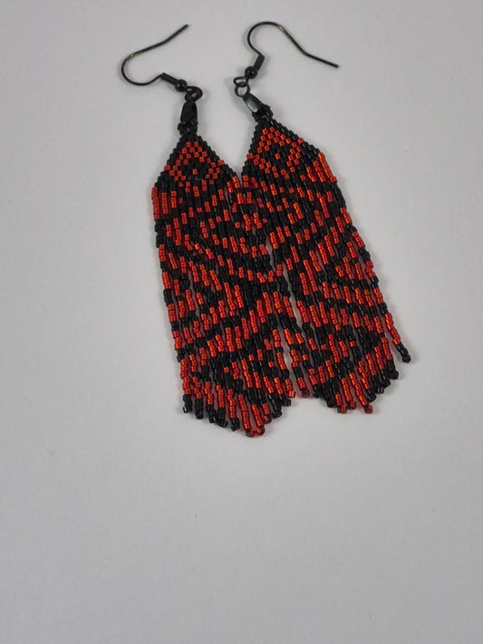 Crimson & Black Zigzag Beaded Fringe Earrings | 4 Inch Miyuki Seed Bead Fringe | Handmade Statement Earrings